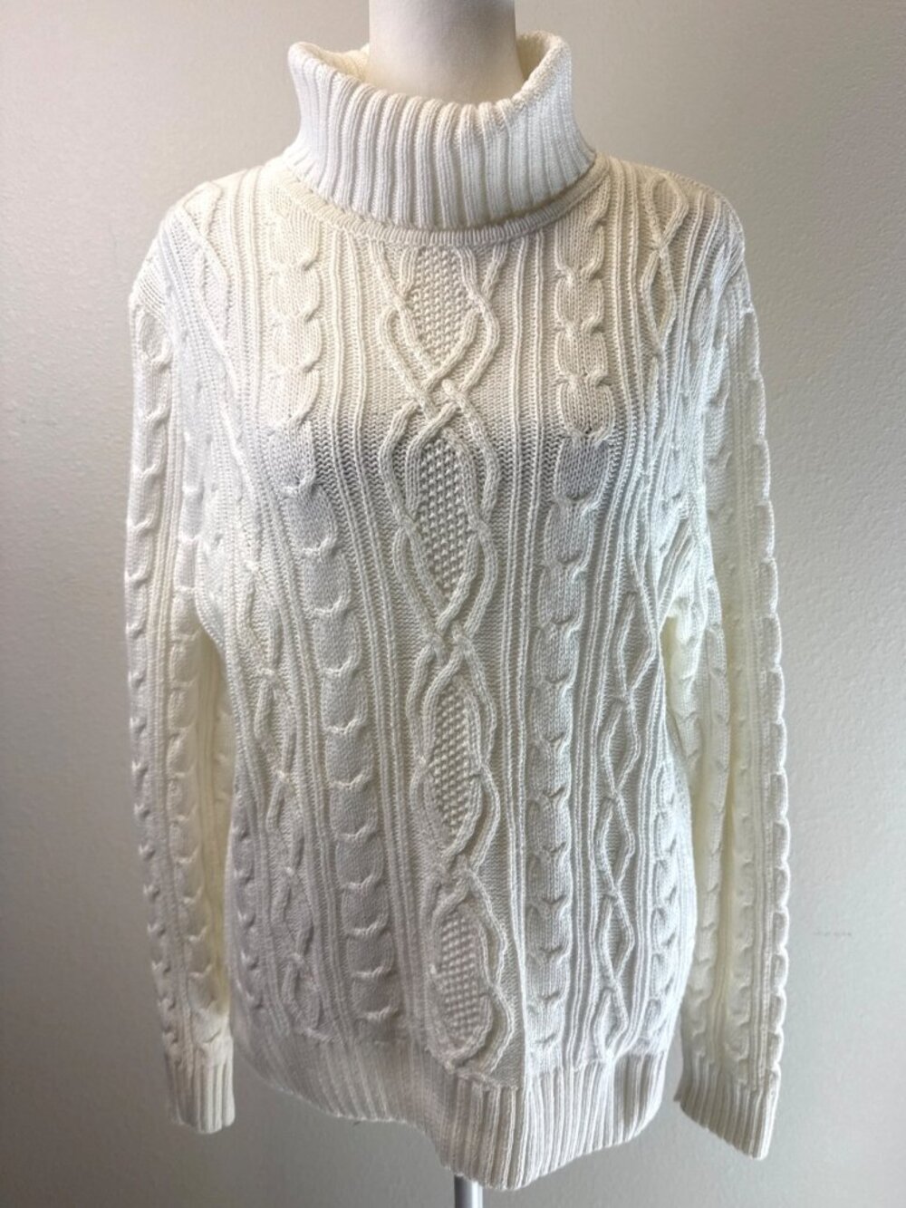 Jeanne Pierre Womens White Cable Knit Turtleneck Sweater Cotton Large Fisherman